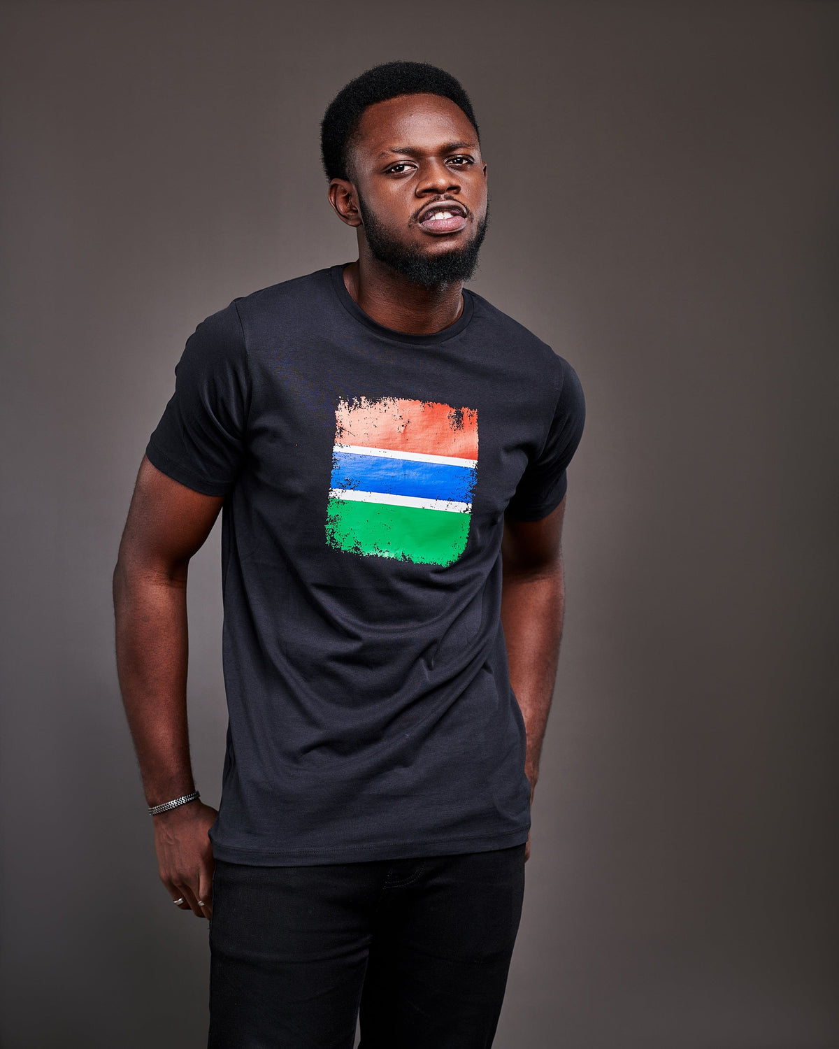 Crew-Neck T-shirt with distressed Gambian flag
